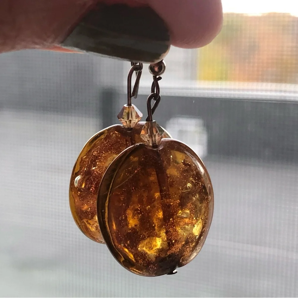 Vtg stamped 925 sterling silver & art glass copper mica dangle earrings Murano